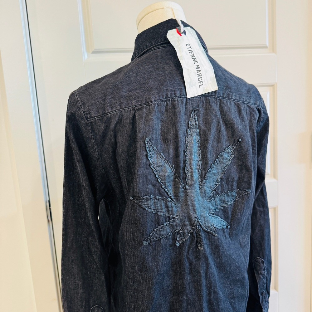 Etienne Marcel Black Denim Shirt Dress Leather 420 Leaf Patch Tunic Small NWT